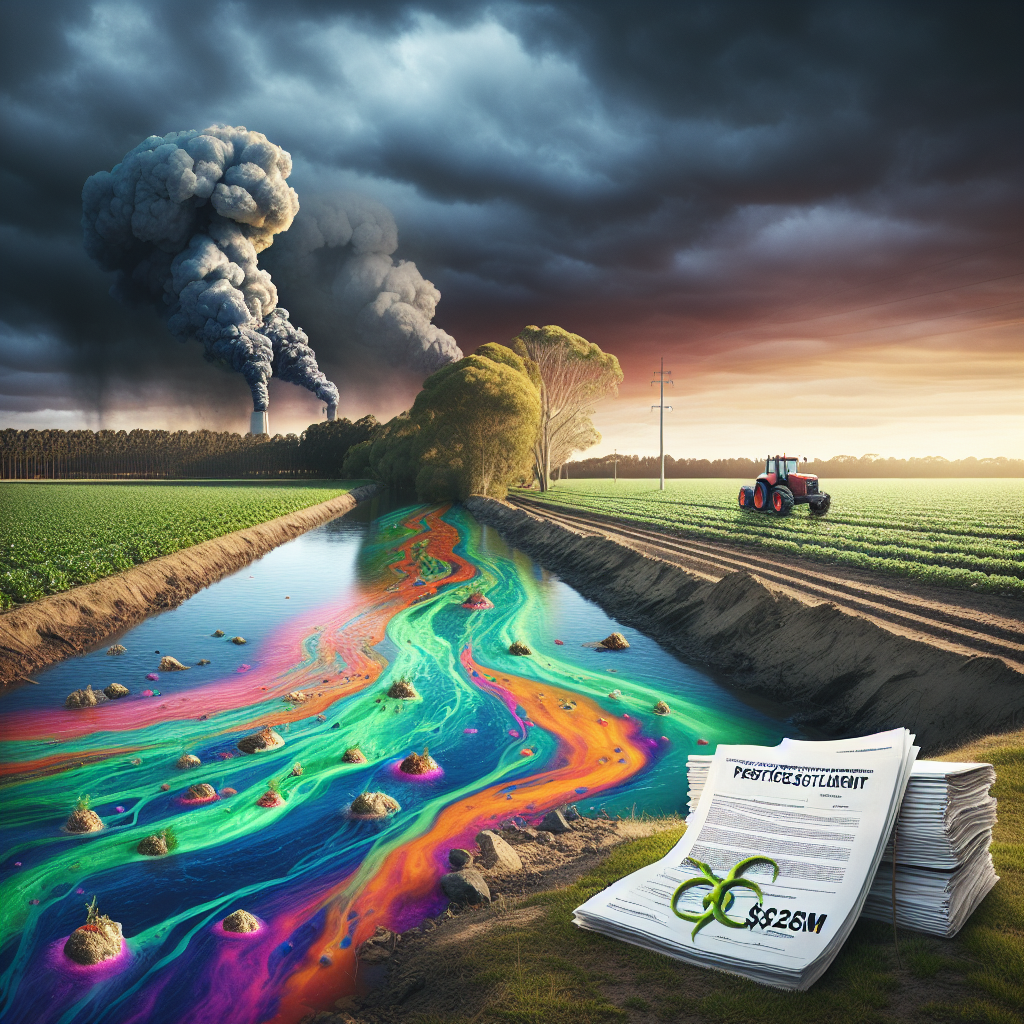 Visualise a dramatic scene showcasing the issue of pesticide runoff. A pristine river flowing through an agricultural farm slowly tainted with vibrant hues of hazardous substances, meant to represent pesticides. On the riverbank, a stack of paper documents sits - they are a legal settlement, with '$228M' notably written on the cover. Above, an ominous sky looms, filled with dark clouds to highlight the severity of the issue. While not directly related to the subject matter, a subtle illustration of a neuron (symbolizing ALS - a neurological disease) appears in the background to tie everything together.
