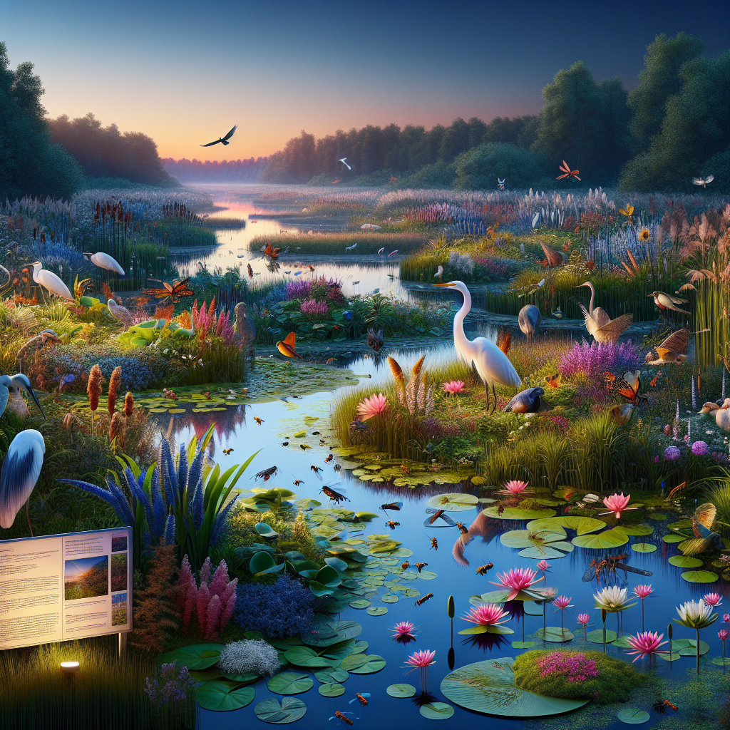 An illuminated scene of a diverse wetland ecosystem at twilight. It boasts a rich variety of flora like pond lilies, reeds, and water irises interspersed amongst peat bogs and marshland. A tranquil body of water reflects the soft hues from the setting sun. A cornucopia of unique wildlife such as egrets, dragonflies, and frogs populate the vibrant scene, making it a wonderful representation of an ALS hotspot. There are also posters fixed near the wetland, drawing attention to the important role such wetlands play in supporting a great range of biodiversity. Please render this scene in a photorealistic style.
