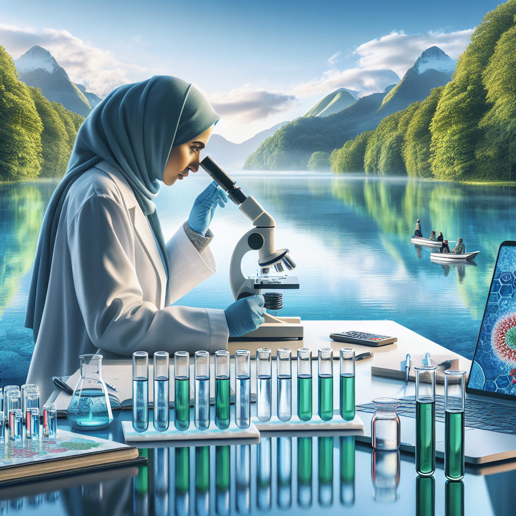 Create an image that visually conveys the concept of ALS water proximity studies. Depict a scenic view of a tranquil lake, reflecting the blue sky above. In the foreground, there should be a female Middle-Eastern scientist wearing a lab coat, peering into a microscope that rests on a table dotted with vials of water samples. On the table, there should also be a laptop open to revealing a vibrant diagram related to ALS research. In the background, lush green trees should add to the serene environment. The overall image should exude a sense of dedication, tranquility, and discovery.
