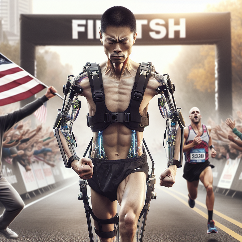 Visualize a powerful, emotionally stirring scene centered on athletes battling ALS. Show an Asian male marathon runner wearing a futuristic, technologically advanced exoskeleton designed to assist his movements. Bring into focus the determination and grit evident in his expressions, alongside the supportive crowd cheering him on. Juxtapose this raw, human struggle with the sleekness and cutting-edge design of the assistive device. Highlight the sense of independence offered by these tools, illustrated by the athlete crossing the finish line under his own power. Make sure to include the marathon environment in the background, with banners, spectators, and an open road.