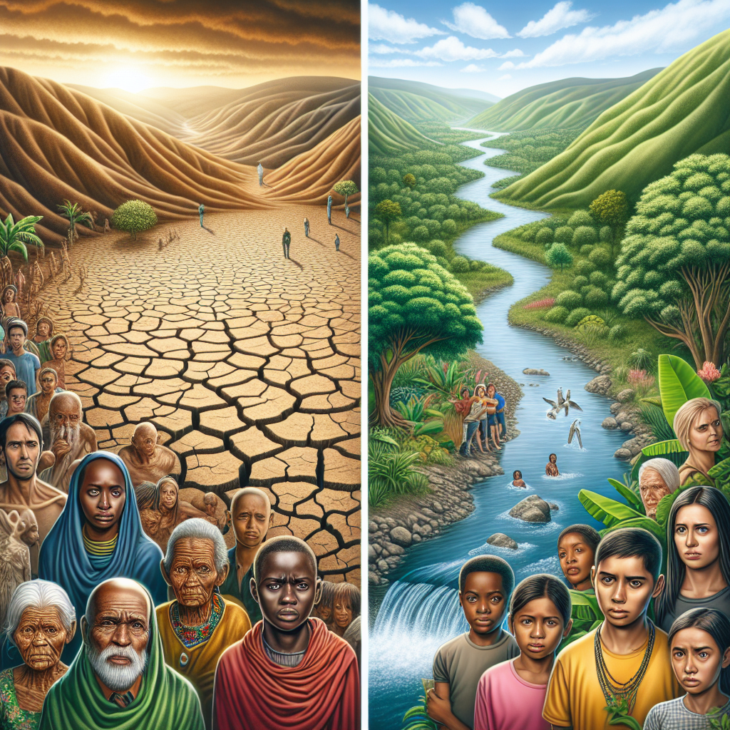 Illustrate a compelling scene that portrays the effects of water negligence. Show an arid landscape with parched earth and cracks running through the ground, as a symbol of water deprivation. In contrast, depict a lush, green terrain with a flowing river, representing an area where water resources are well-managed. For the human element, portray a diverse group of people of varied descents such as Hispanic, African, and Caucasian, of different genders, visibly distressed in the dry area and looking longingly towards the fertile area.