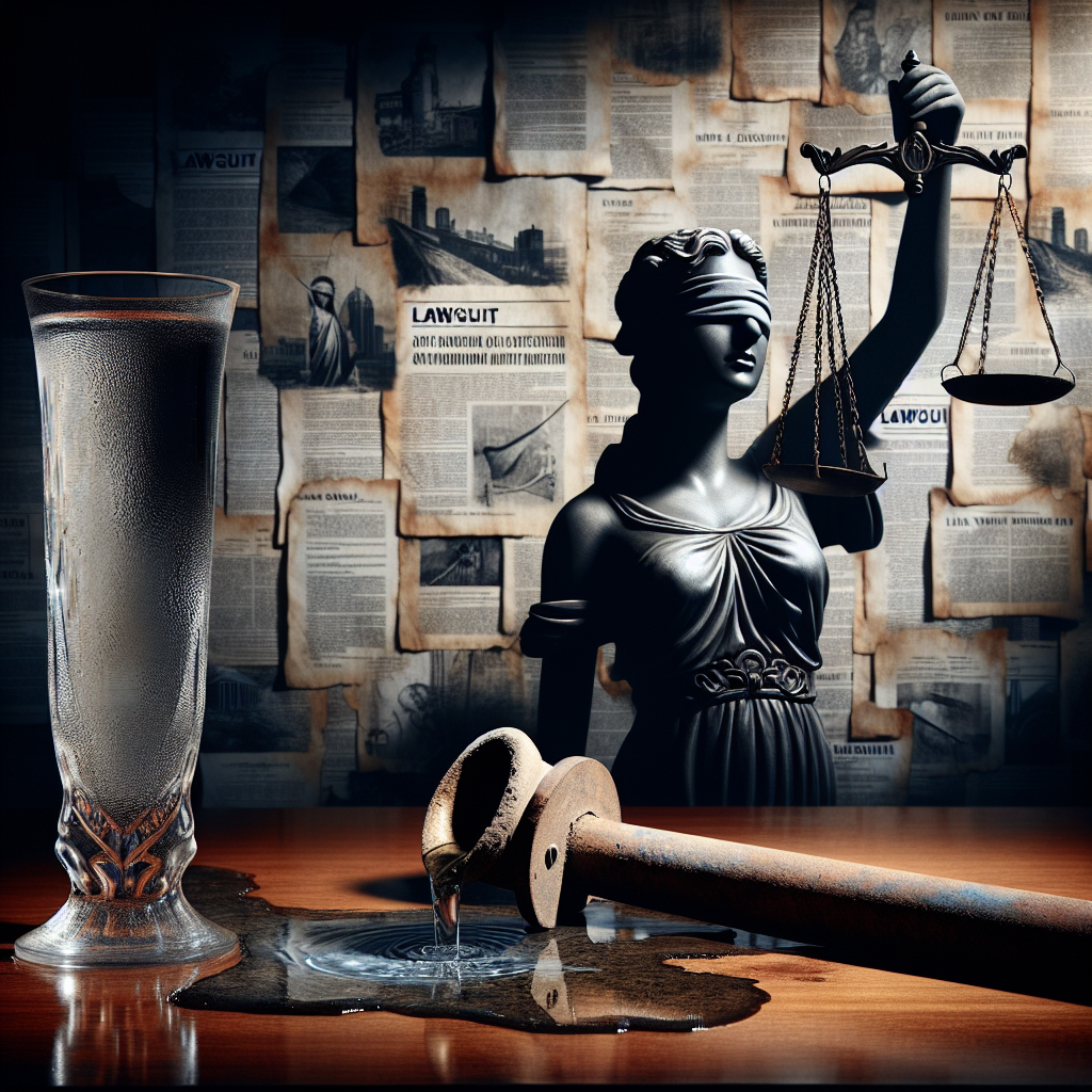 An image for a dramatic news article. Center stage is a tall, vintage-style glass filled with water on a polished oak table. Behind it, the shadowy silhouette of blindfolded Lady Justice holding balance scales, symbolizing law and justice. A broken, rusty pipe leaking water into a puddle rests in the foreground, illustrating the idea of a water-related scandal. The background fades into a monochrome mosaic of legal documents with phrases like 'lawsuit', 'water contamination', and 'damages' highlighted. The overall theme should be one of tension and impending legal action concerning the very essence of life, water.