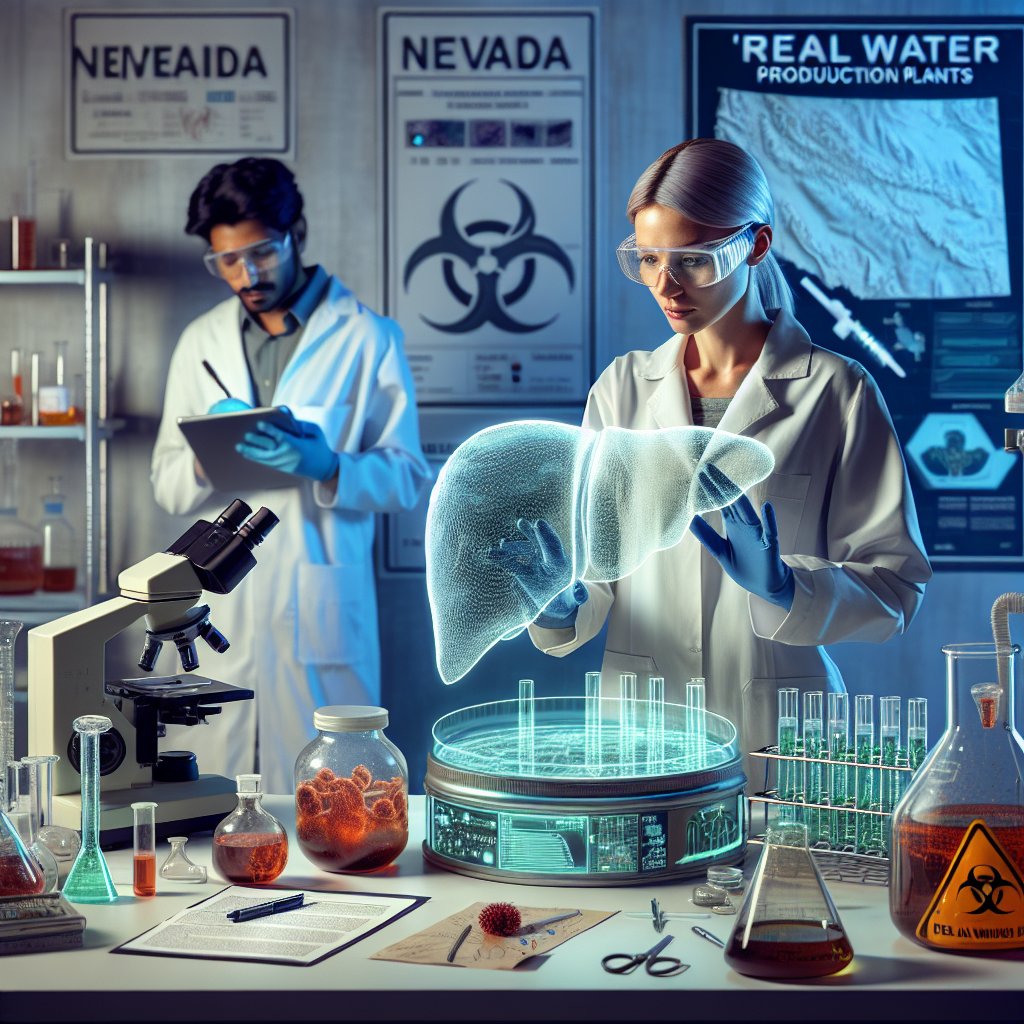 Create an image of a lab setting where research is being conducted. Within the scene, depict a Caucasian female scientist in a white lab coat, wearing safety goggles, examining a holographic projection of a liver. Surrounding her, you can see various laboratory tools and equipment like microscopes, test tubes, petri dishes, and biohazard containers. Alongside her, a male South Asian research assistant in similar attire is taking notes on a digital tablet. On the background wall, include a poster of Nevada with noticeable spots marked as the 'Real Water' production plants. Do not portray any logos or identifiable trademarks.