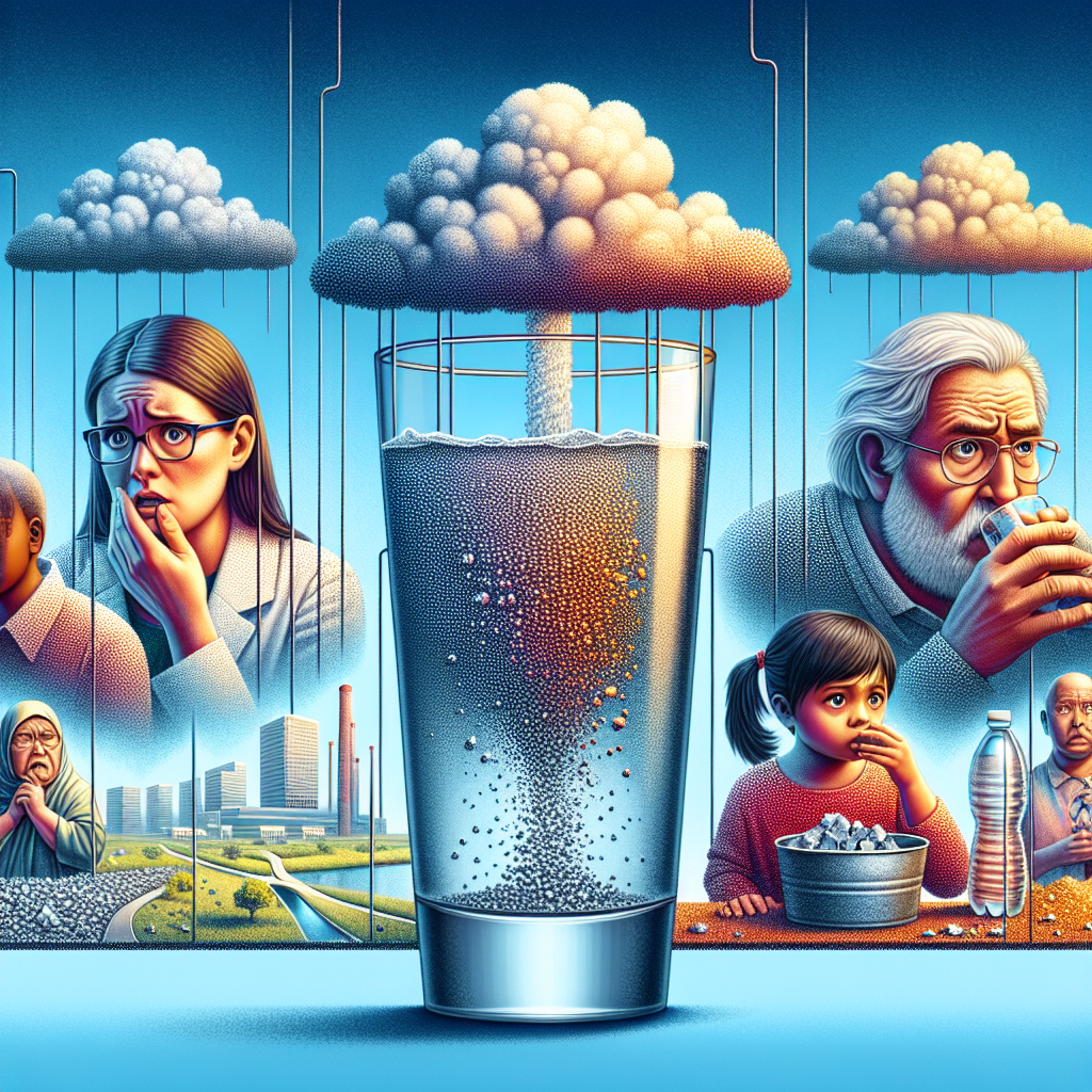 Visualize a composition divided into three sections. The first section contains a cloudy sky, symbolizing the fear factor. The second section portrays a set of diverse human figures. They include a Hispanic female researcher, a Caucasian male citizen with a worried expression, and a South Asian child drinking water. All are perturbed by the heavy metals' presence. The third section exhibits a water glass with tiny metallic particles visible, representing the contamination. The title 'Heavy Metals Water Scandal: Shocking Health Risks Exposed' is boldly present on the top.