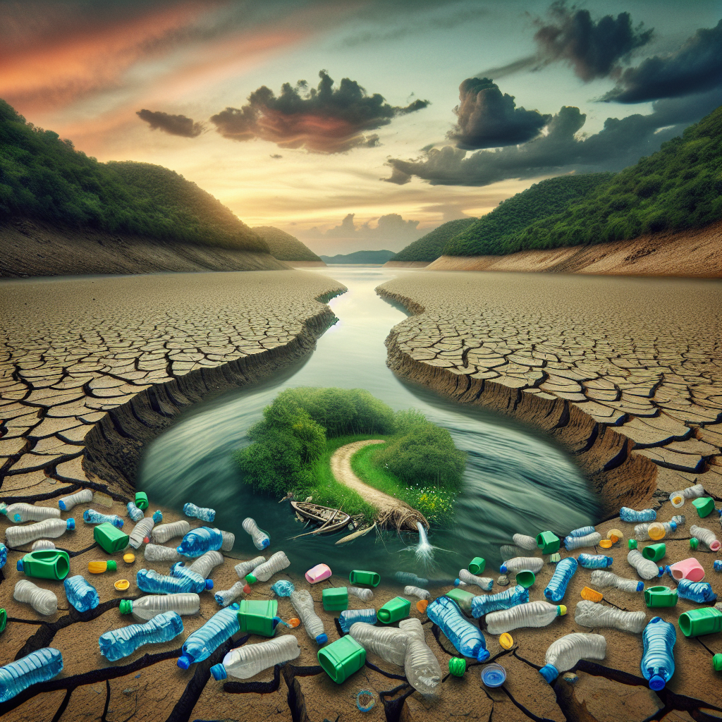Create an image that powerfully illustrates the environmental impact of the water industry. Depict a once-vibrant river now dried up against a barren landscape, with an array of discarded plastic water bottles scattered around. The sky should have a hued dusk setting with fading light, symbolizing the dwindling life of the river. To contrast, envision an area within the dry riverbed that remains lush and green due to local conservation efforts, suggesting hope and resilience amidst the observable environmental damage. Ensure to apply a realistic visual style to underscore the seriousness of the issue.