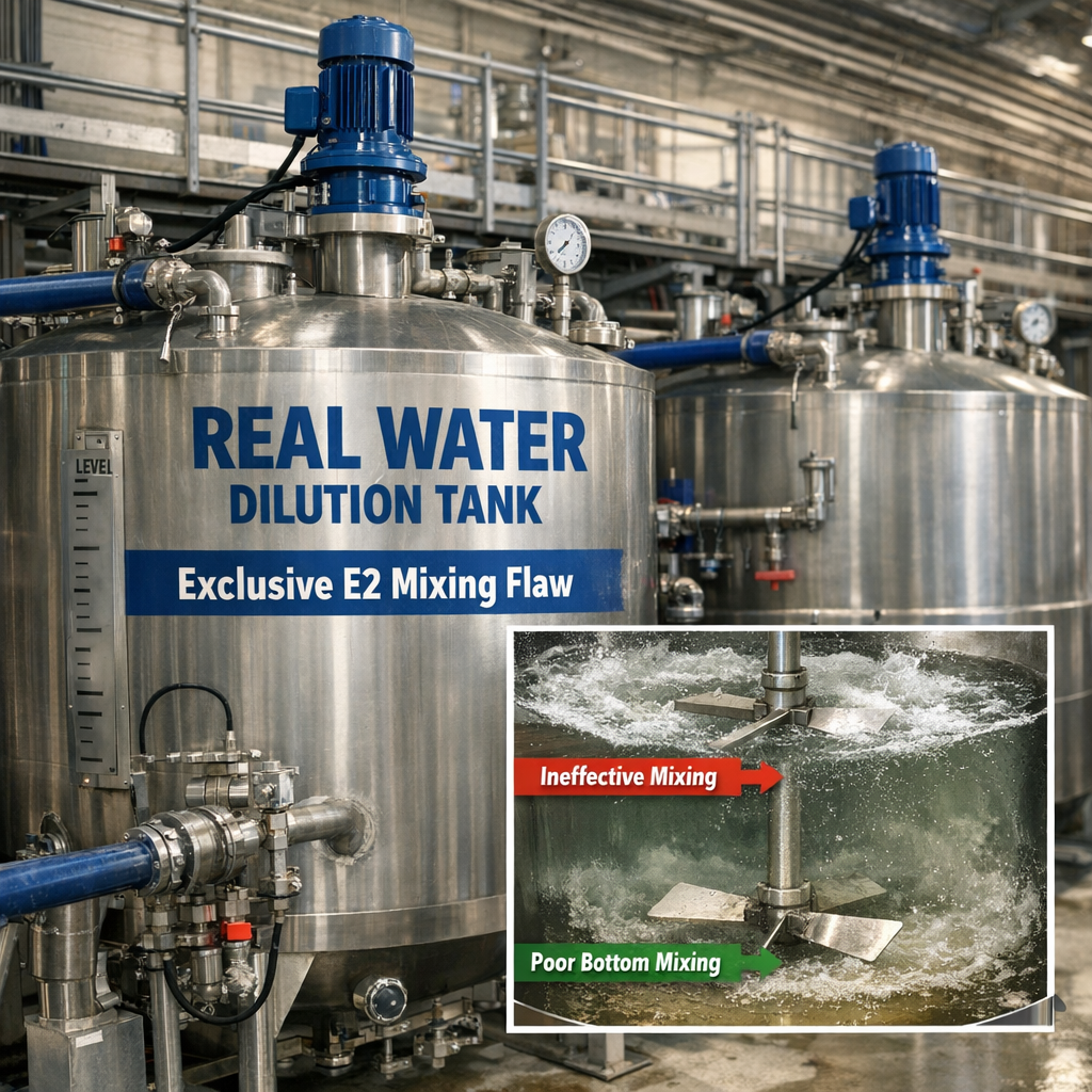 Illustration of Real Water Dilution Tanks: Exclusive E2 Mixing Flaw